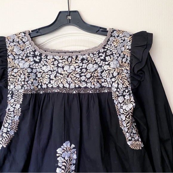 Mi Golondrina Top Fernanda Cotton Floral Embroidered Gray Night Beige Silk S GUC - Picture 6 of 9